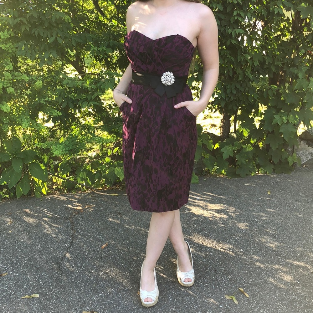 Intrigue purple and black print cocktail dress.